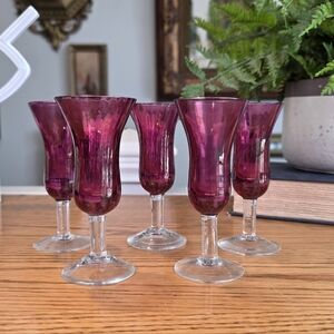 Vintage Amethyst Purple Optic Cordial Glasses - Set of 5 - Mid Century Modern 4"